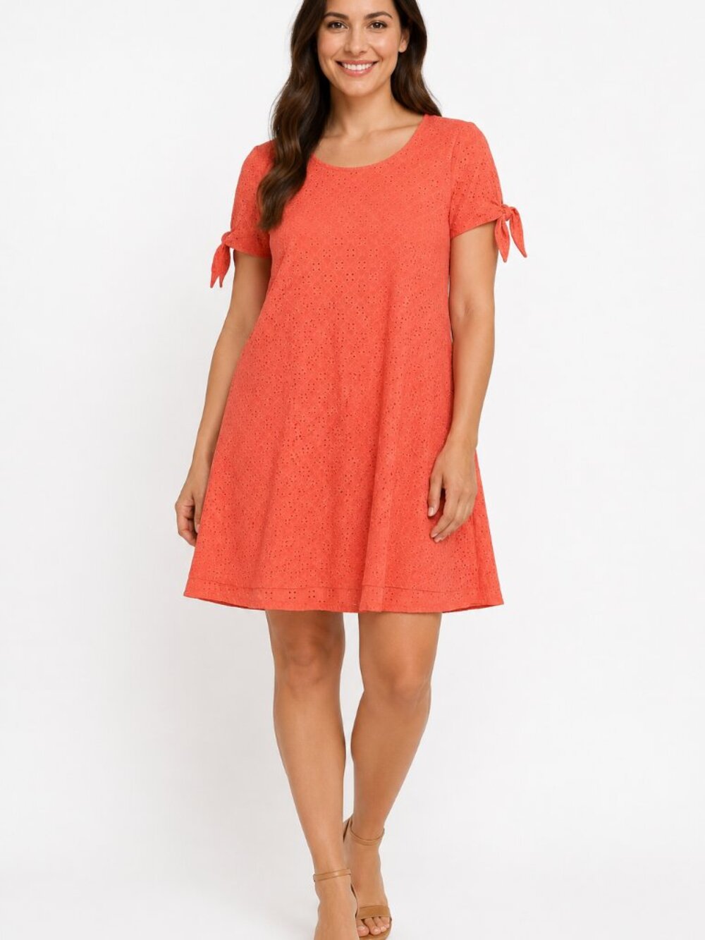 Coral Eyelet Lace Swing Dress with Cold Shoulders and Ties Size XL Everlily